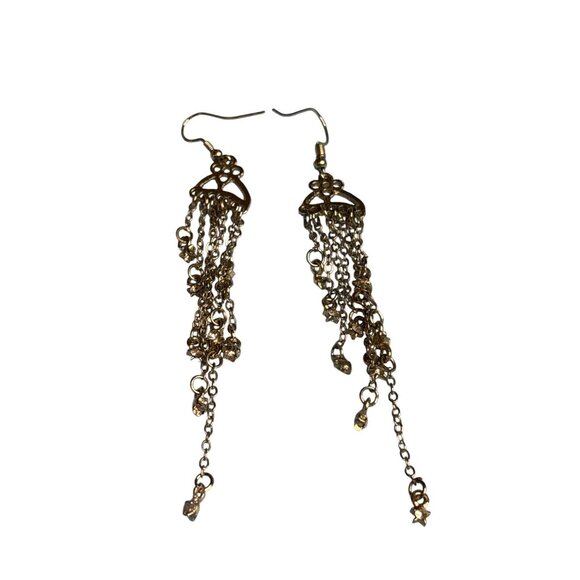 Silvertone Chain Dangle Earrings Clear Rhinestone Stars Hooks 3.5 inches Long - Picture 2 of 2